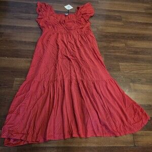 Plus Red Maxi Dress Flutter Sleeve Smocked Empire Waist Boho Cottagecor/Milkmaid